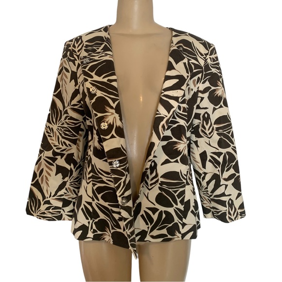 Trisisto Femme Floral Leaf Brown & White Safari Fitted Suit Jacket Blazer Padded - Picture 9 of 14